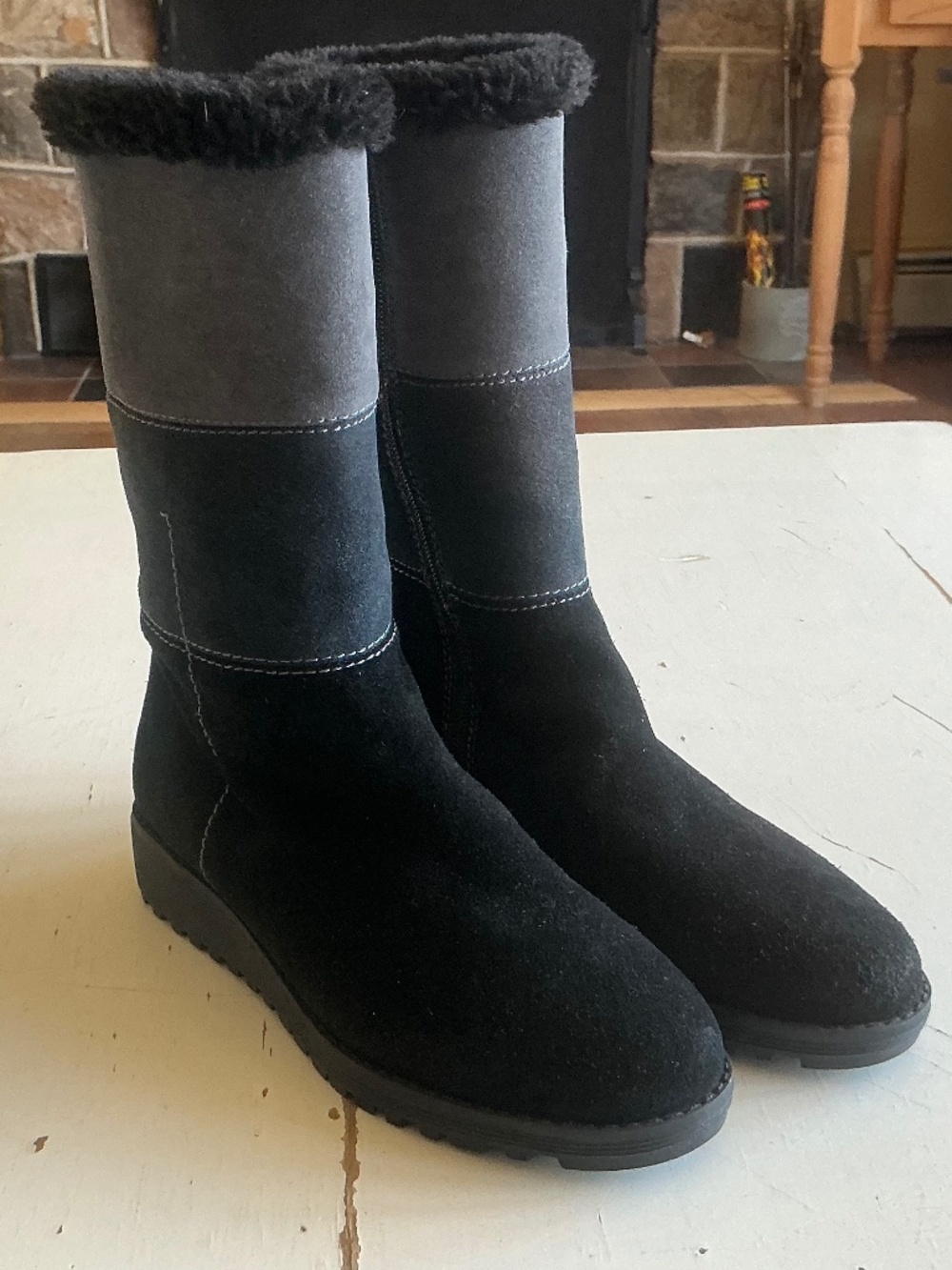 Valdini Sofia Gray Black Colorblock Suede fur lined Winter boots Sz 6